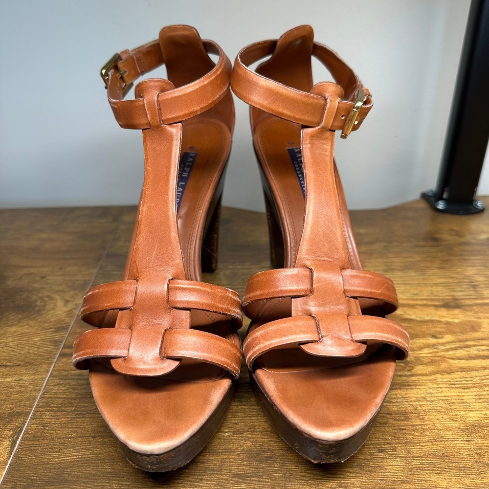 Ralph Lauren Purple Label Collection Leather T-Strap Platform Sandals Wooden 8.5